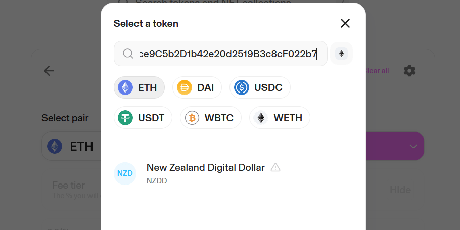 Screenshot of NZDD pairing on Uniswap