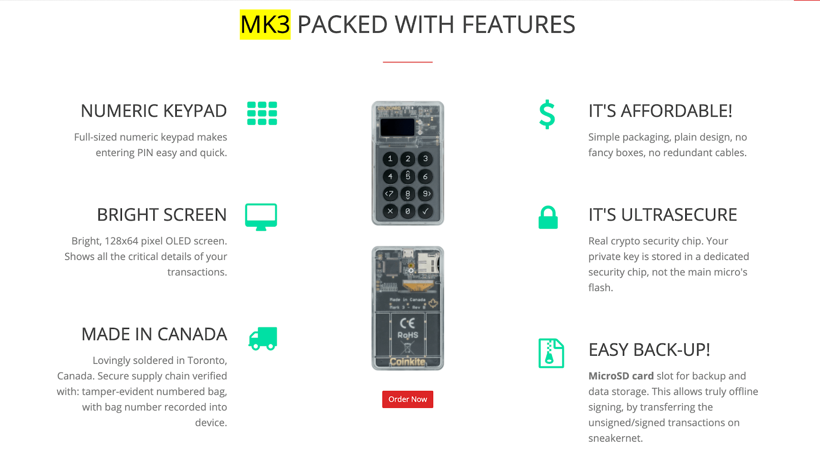 Screenshot of Coldcard MK3 along with short descriptions of its features. 