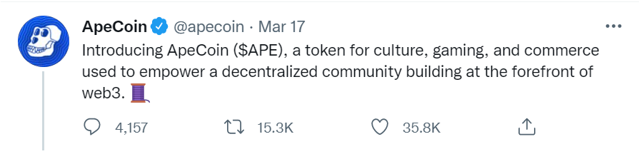 Screenshot of ApeCoin tweet.