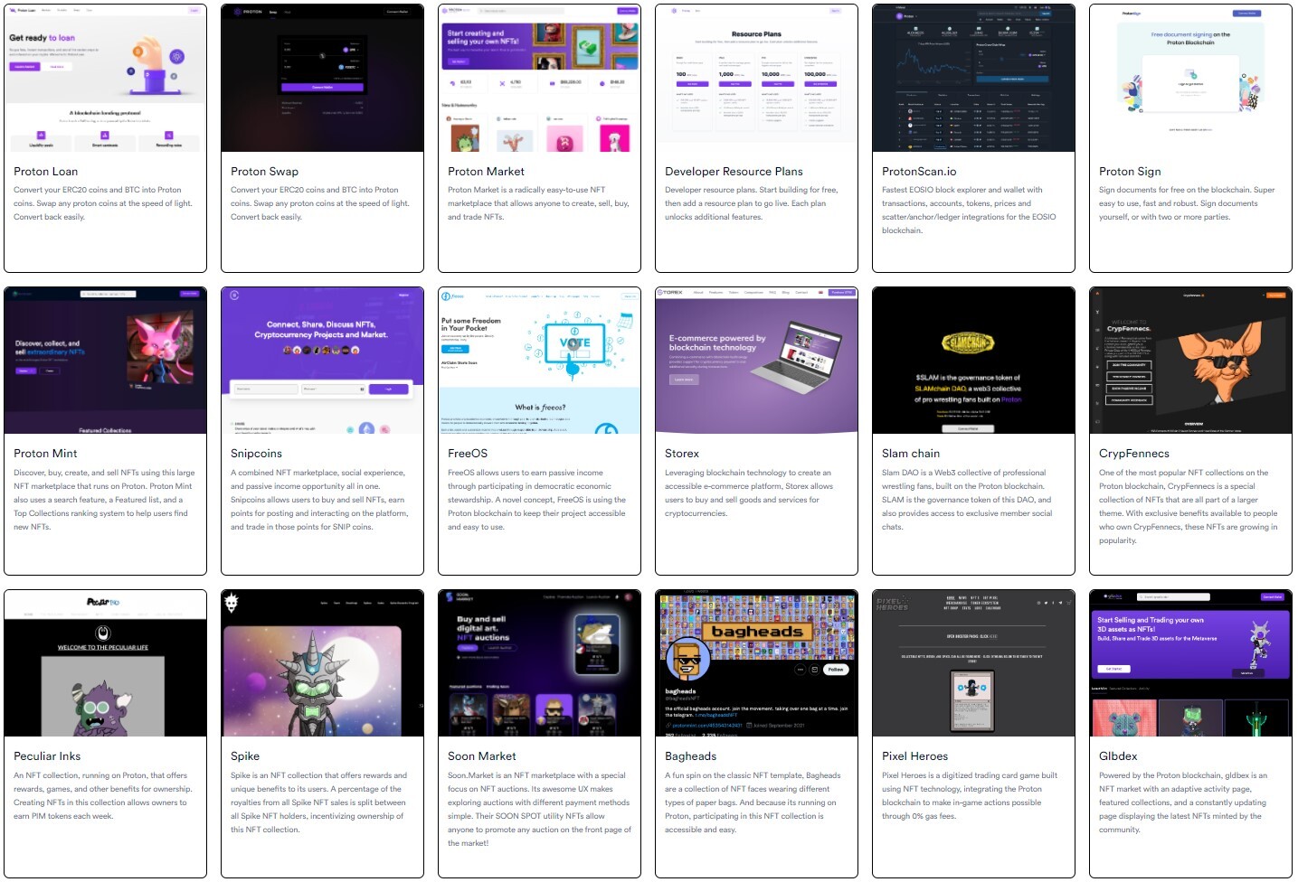 Diagram showing 18 of the live apps and projects built on top of the Proton Chain.