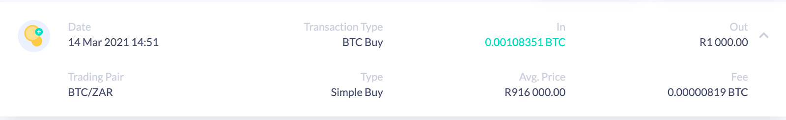 Screenshot of BTC purchase order from Valr. 