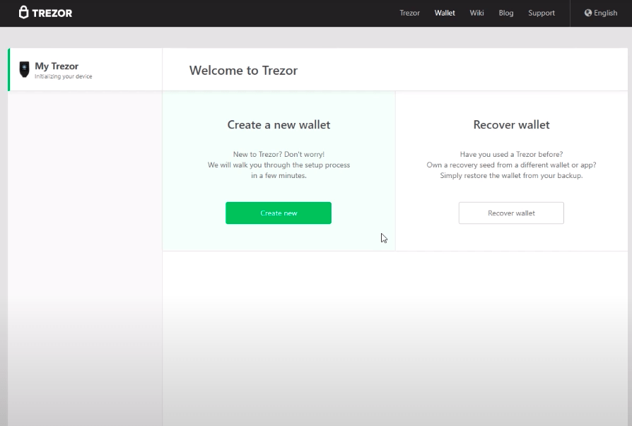 Welcome screen of the Trezor software as to serve as an illustration for how to set up and use the Trezor Model T.