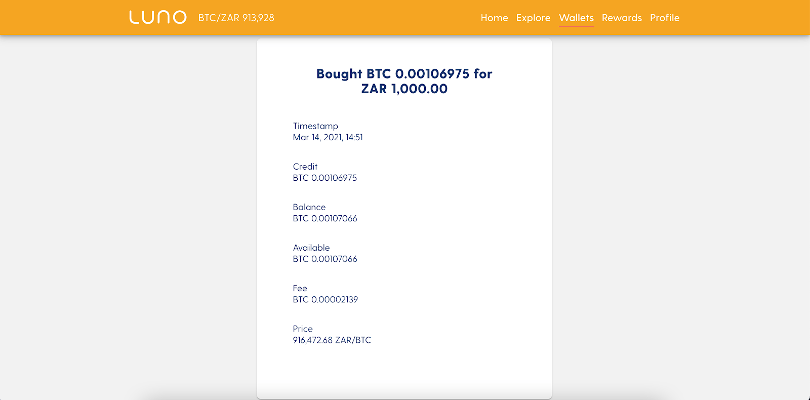 Screenshot of the BTC purchase order from Luno.