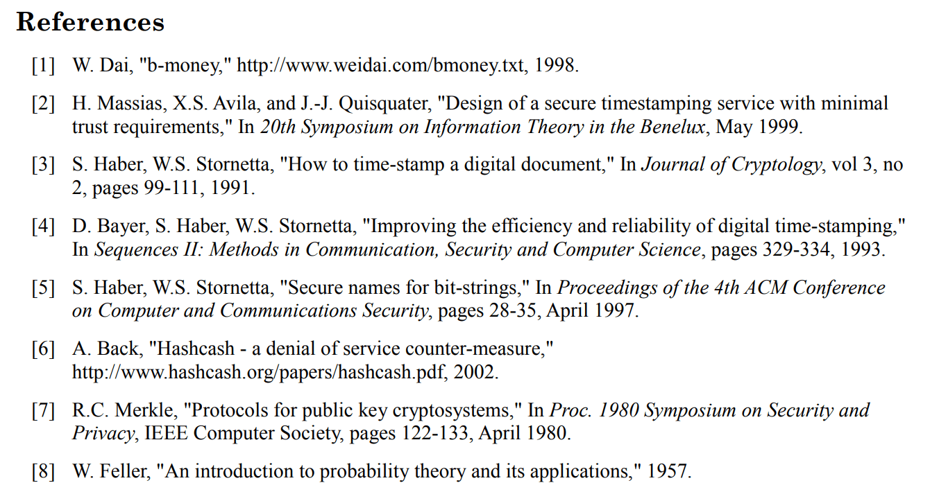 References from Satoshi Nakamoto's Bitcoin Whitepaper.