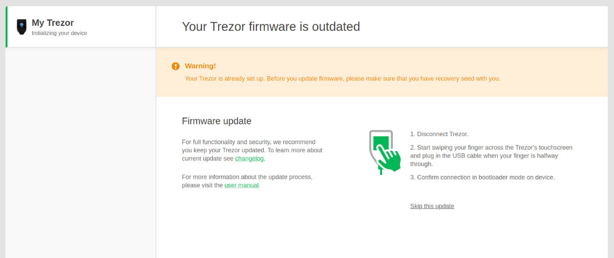 Screenshot of Trezor's firmware updater software. 