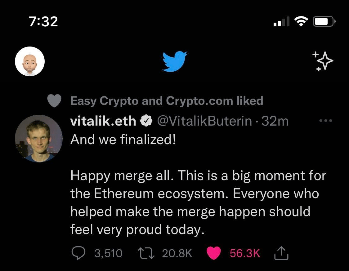 Screenshot of Vitalik Buterin's tweet about the Ethereum Merge.