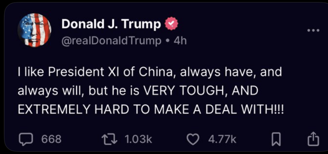 Donald Trump tweet about president xi of china