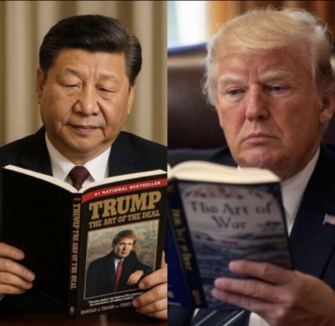 President Trump and President Xi reading a book on each other