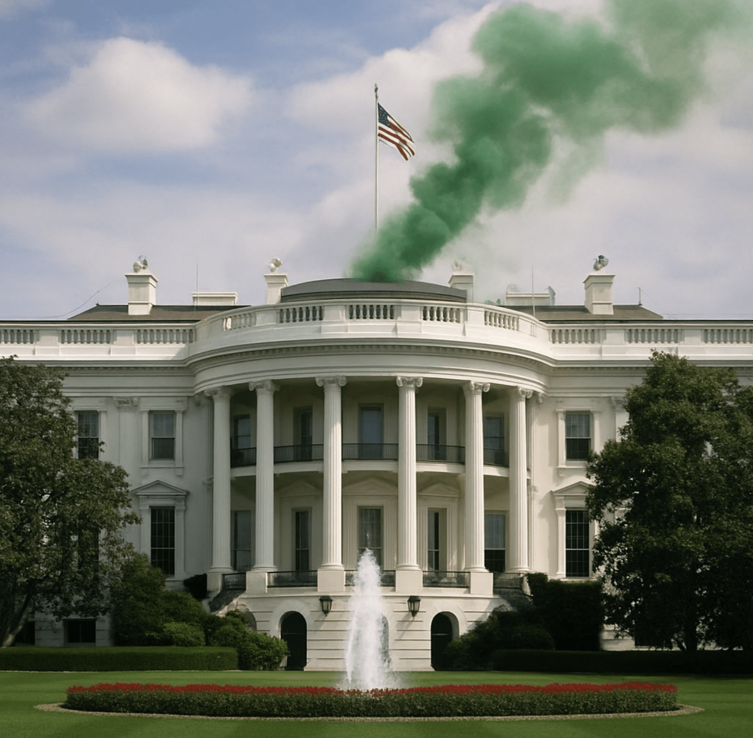 Image of white House with green smoke