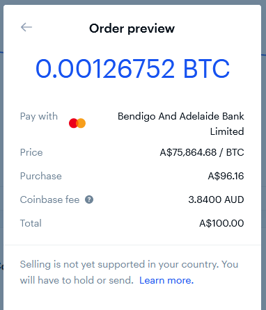 Screenshot of a Bitcoin purchase order from Coinbase.