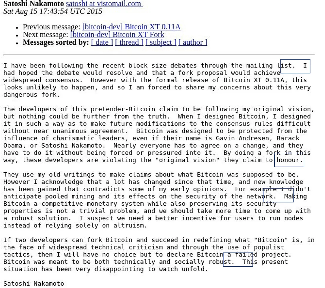 Satoshi Nakamoto's email response.