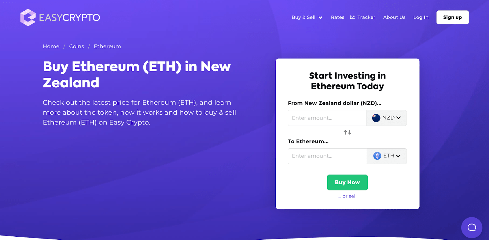 Screenshot for ETH and NZD in Easy Crypto New Zealand. 