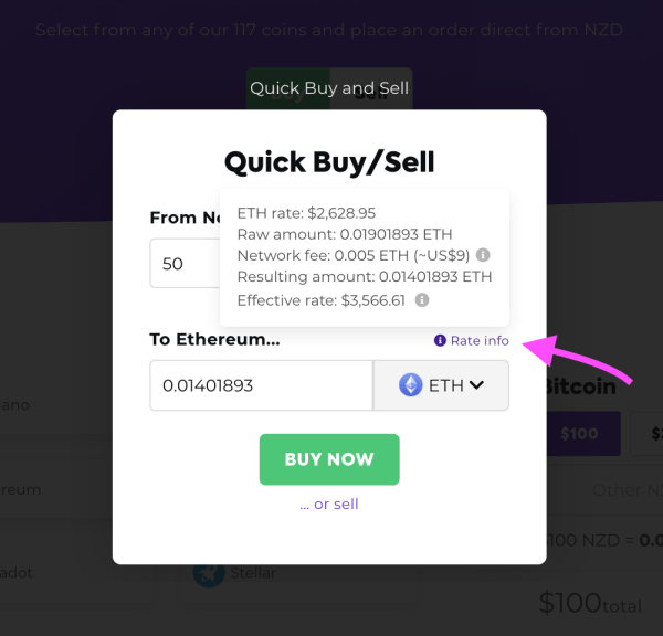 Screenshot of rate info when buying crypto. 