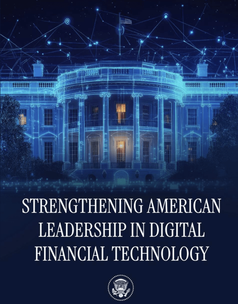 Vertical banner showcasing US Whitehouse with a slogan that says strengthening American leadership in digital financial technology