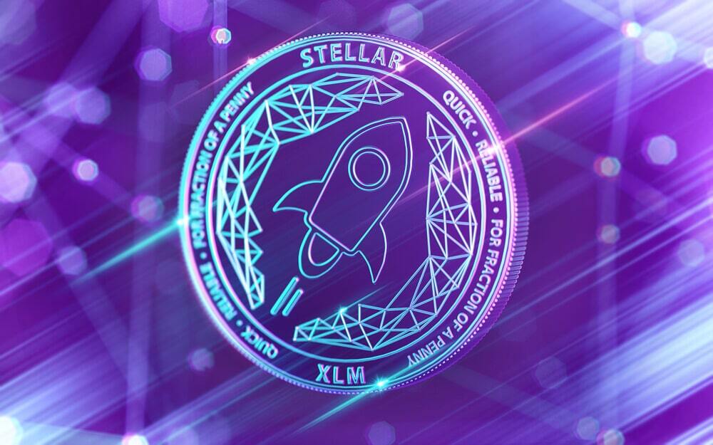 Stellar Lumens (XLM) Coin on purple background.