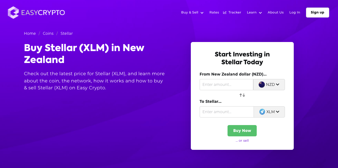 Screenshot of Stellar Lumens (XLM) and NZD pairing on Easy Crypto homepage.