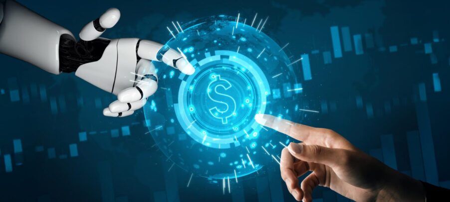 Image showcasing a robotic hand on the left, and a human hand joined from the right meeting in the middle.