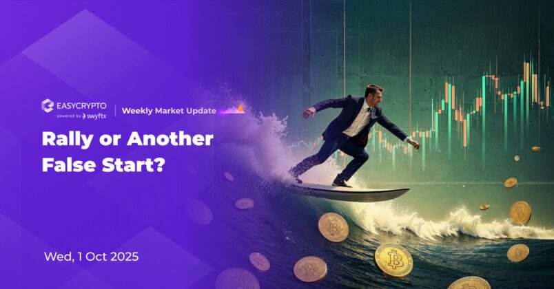 Man in suit riding a wave of bitcoins