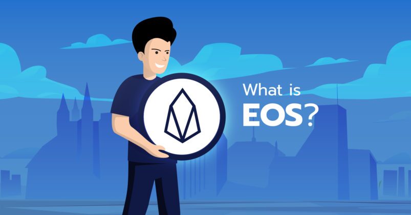 Man holding an EOS coin to illustrate the topic of what is eos Man holding an EOS coin to illustrate the topic of what is eos