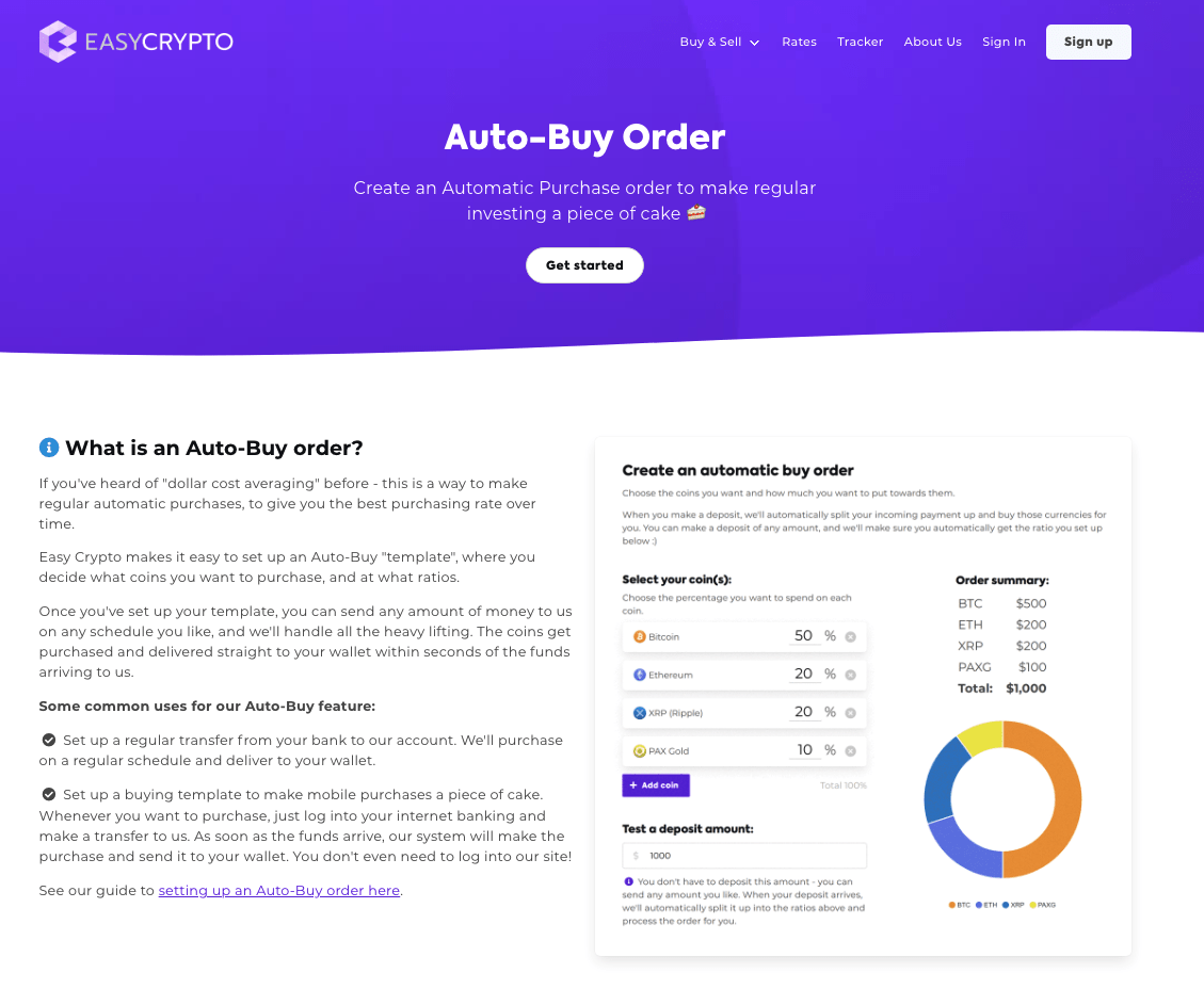 Screenshot of Easy Crypto Auto Buy order page.