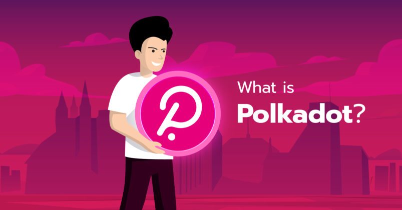 Illustration of a man holding a pink Polkadot logo to illustrate the topic of what is Polkadot. Illustration of a man holding a pink Polkadot logo to illustrate the topic of what is Polkadot.
