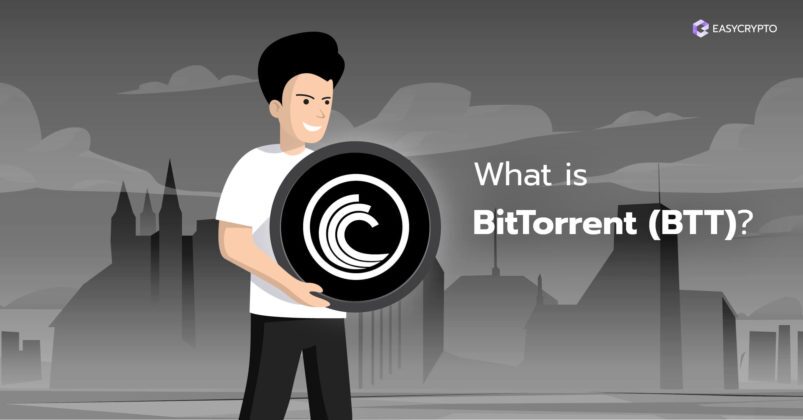 A guy holding the BitTorrent BTT token logo on a grey background with cityscape silhouette. A guy holding the BitTorrent BTT token logo on a grey background with cityscape silhouette.