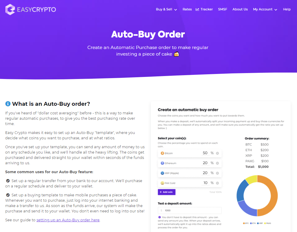Autobuy Order landing page at Easy Crypto.