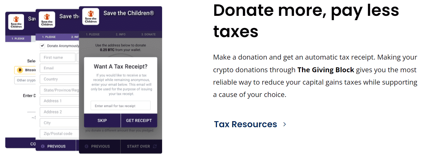 screenshot from the giving block's website.