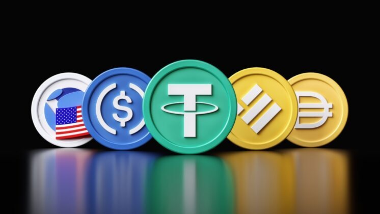 Top,Five,Cryptocurrency,Stablecoin,Tokens,By,Market,Capitalization,On,March Illustration for stablecoins arranged horizontally on a black background.