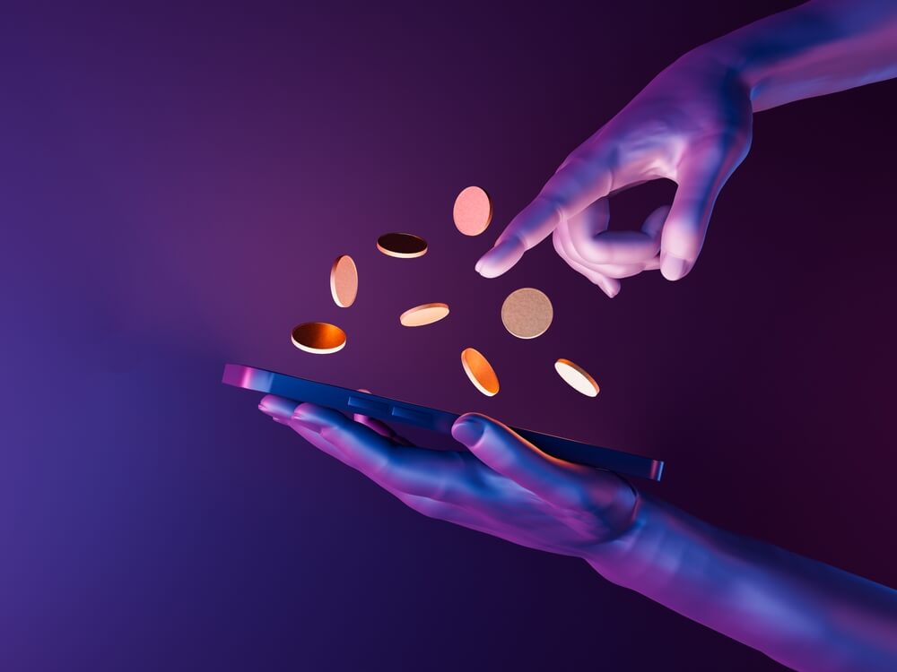 Illustration of hand hovering above phone to illustrate interaction with crypto
