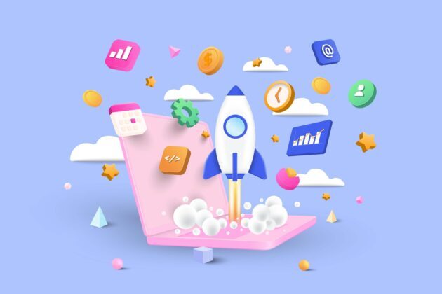 Illustration of rocket ship on a laptop to illustrate crypto investing Illustration of rocket ship on a laptop to illustrate crypto investing