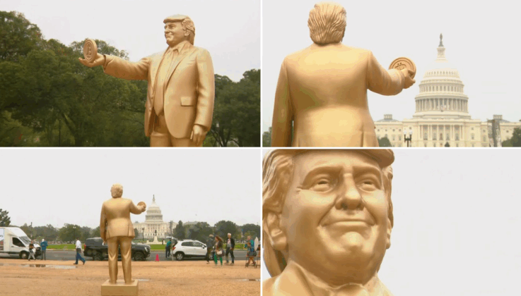 Golden statue of US President Trump in front of the Capitol Building