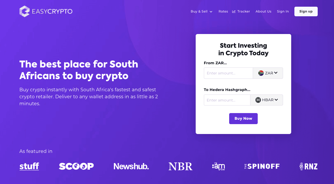 Easy Crypto South Africa homepage showcasing the Hedera Hashgraph (HBAR) and ZAR pairing.