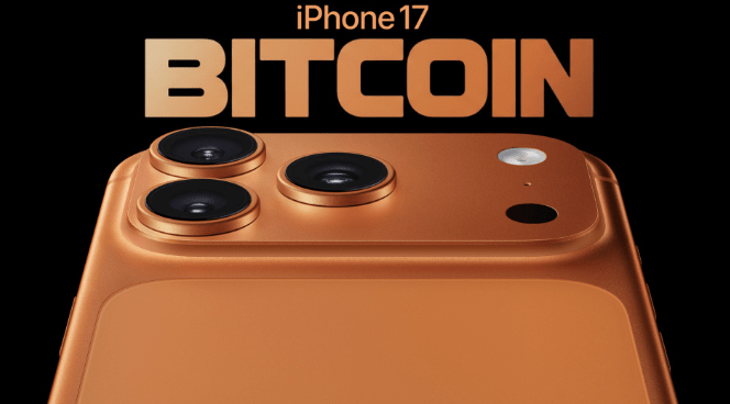 Image of the new iPhone 17 Pro in copper color with Bitcoin text