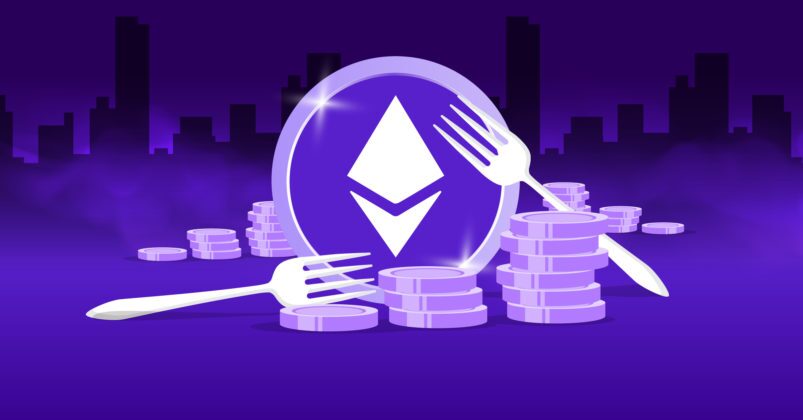Illustration of a purple Ethereum token with forks and coins in the front to depict the topic of Ethereum Berlin hard fork. Illustration of a purple Ethereum token with forks and coins in the front to depict the topic of Ethereum Berlin hard fork.