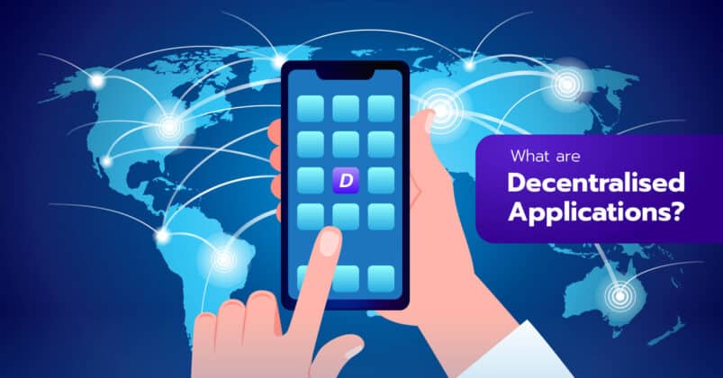 Image of a hand holding a phone depicting Decentralised Applications or dapps. Image of a hand holding a phone depicting Decentralised Applications or dapps.