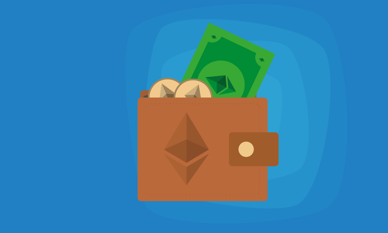 Illustration of Bitcoin (BTC), Ethereum (ETH, or cryptocurrency wallet