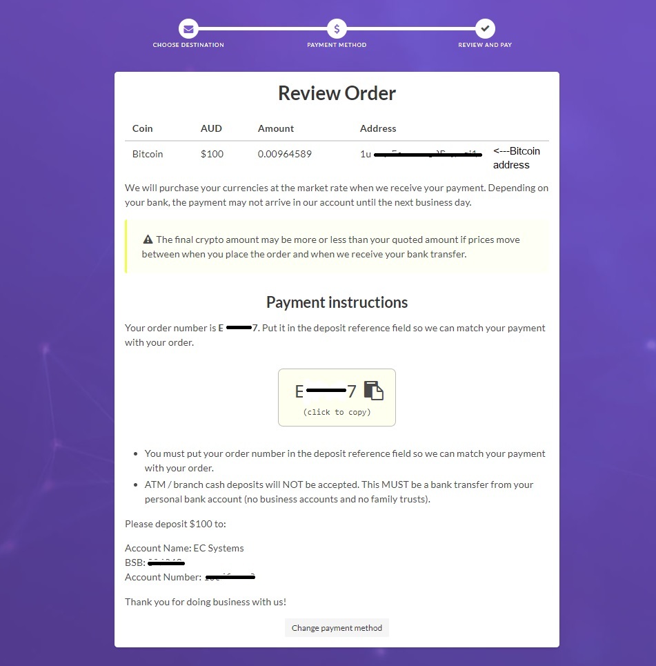 The page that Easy Crypto shows to review your cryptocurrency order