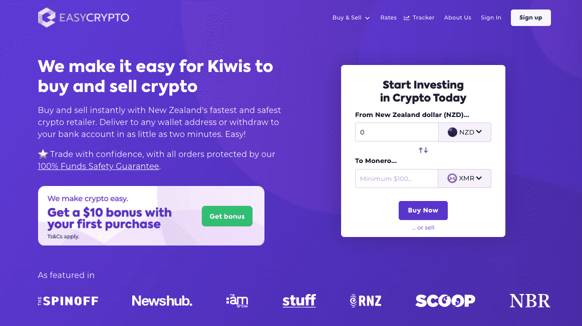 Screenshot of Easy Crypto NZ Homepage showcasing the NZD XMR pairing. 