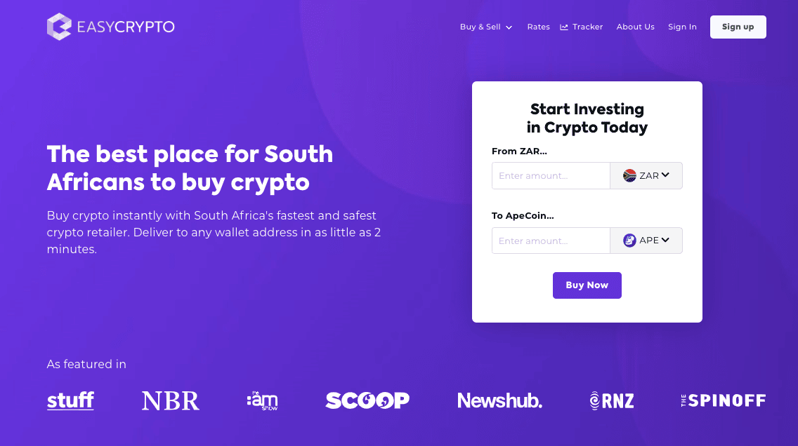 Easy Crypto South Africa homepage showcasing the ApeCoin (APE) and ZAR pairing.