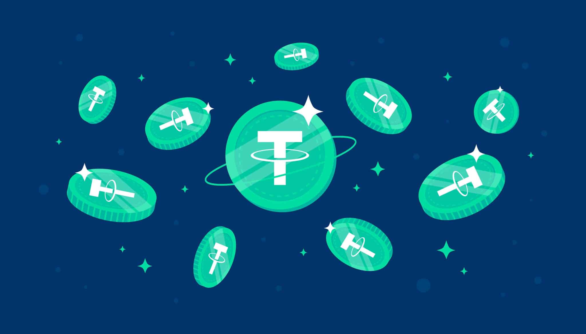 Illustration of Tether (USDT) tokens on dark blue background.