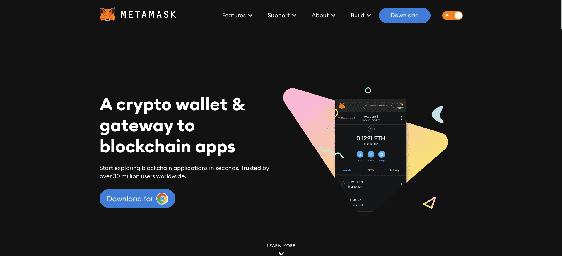 Metamask wallet landing page.