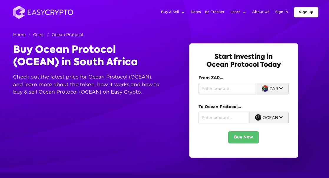 Screenshot of Ocean Protocol (OCEAN) with ZAR buy page in Easy Crypto South Africa.