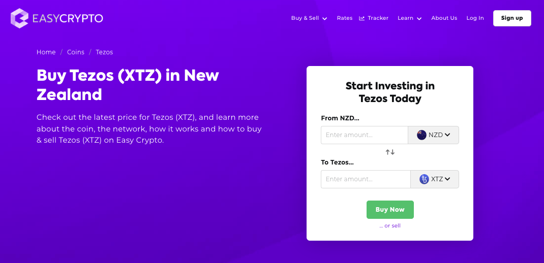 Screenshot of Easy Crypto New Zealand coin page showcasing Tezos (XTZ) and New Zealand Dollars (NZD) pairing.