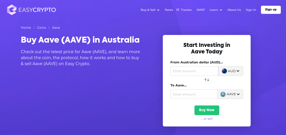 Screenshot of Easy Crypto NZ coin page showcasing the AAVE and AUD pairing.