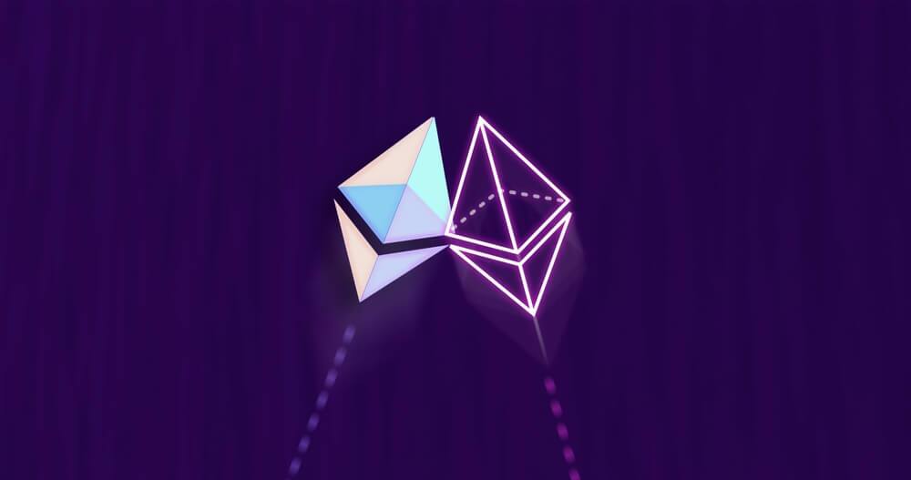 Two Ethereum ETH logos converging