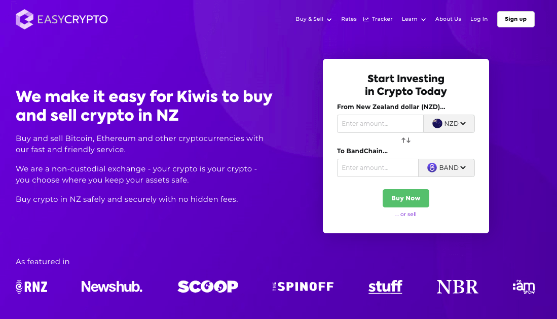 Screenshot of Easy Crypto homepage showcasing the BandChain (BAND) and New Zealand Dollars (NZD) pairing.