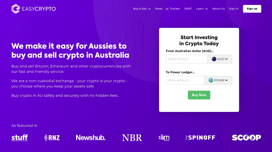 Screenshot of Easy Crypto homepage showcasing the AUD and POWR pairing.