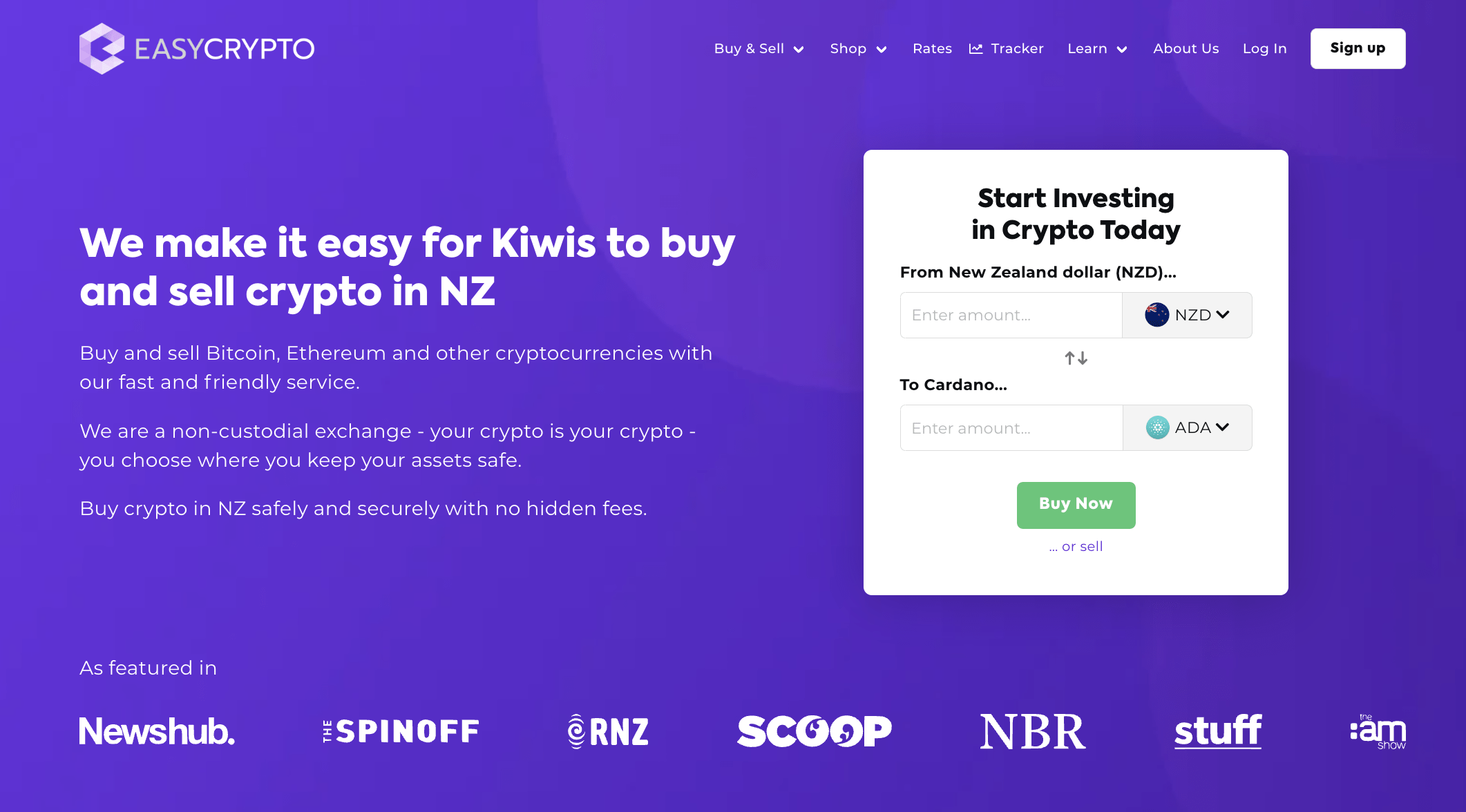 Screenshot of Easy Crypto NZ homepage showcasing the ADA and NZD pairing.