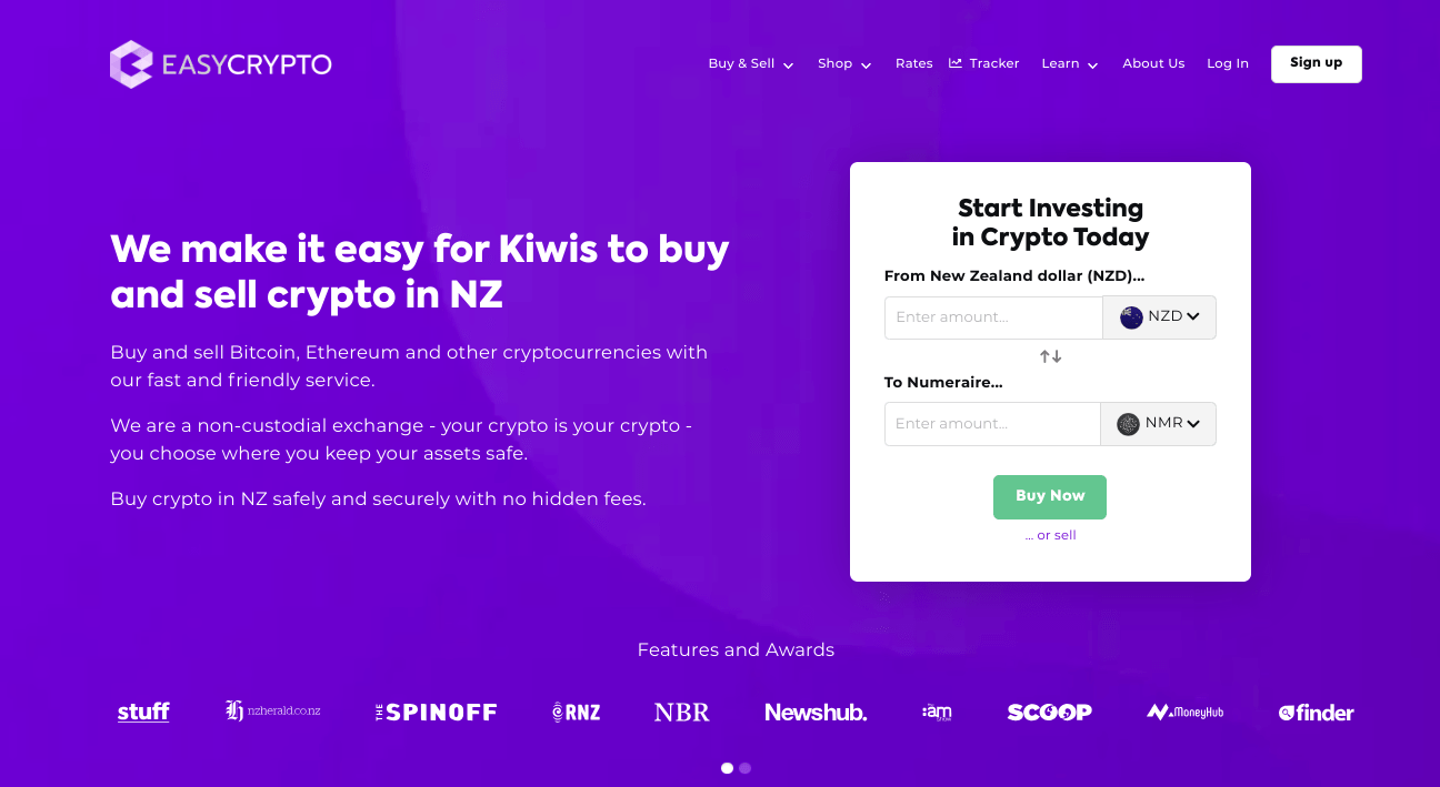 Screenshot of Easy Crypto New Zealand homepage showcasing the NZD and NMR pairing.